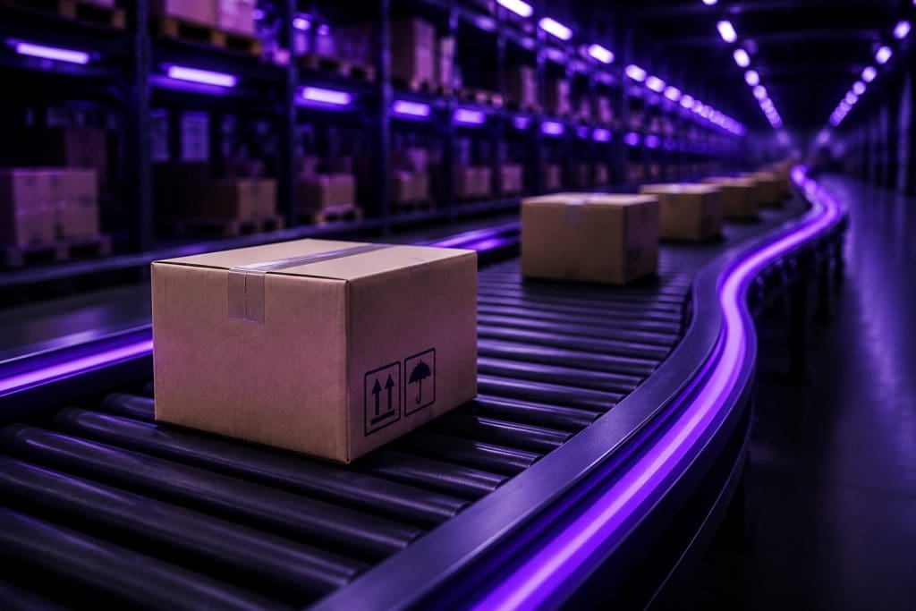 Operação logística com caixas em esteira automatizada representando entregas ultrarrápidas no e-commerce