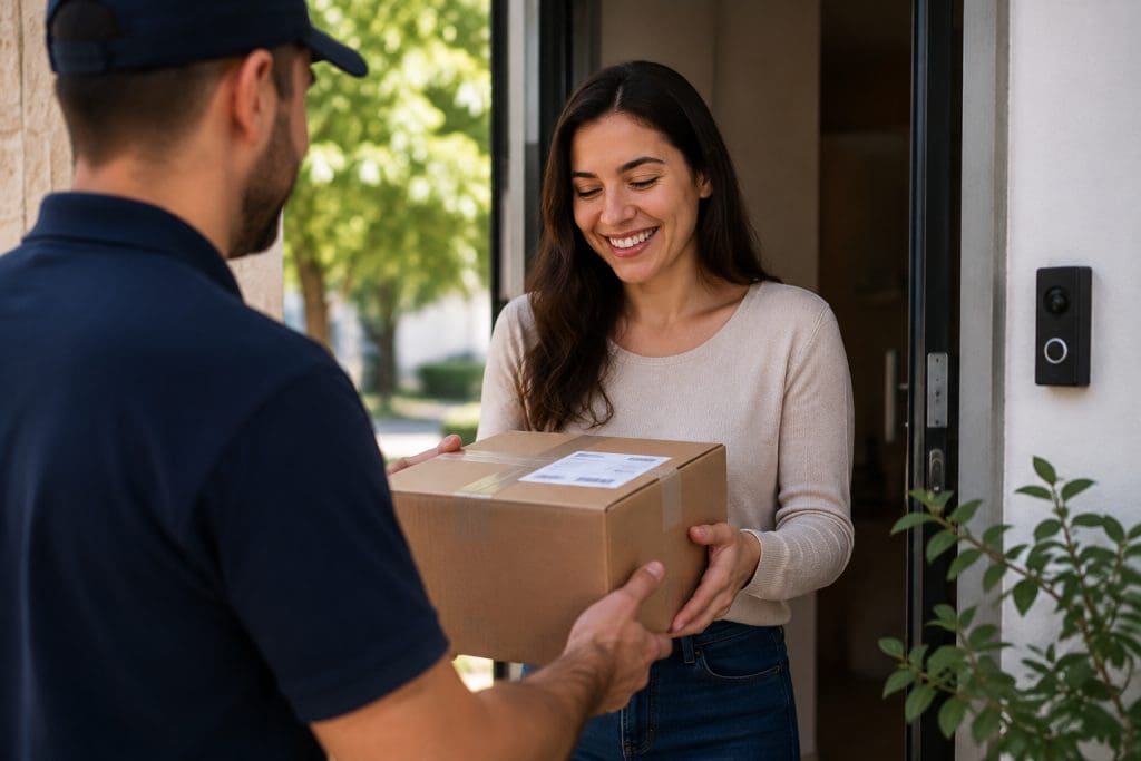 Cliente satisfeito recebendo uma encomenda em casa após uma entrega rápida de e-commerce
