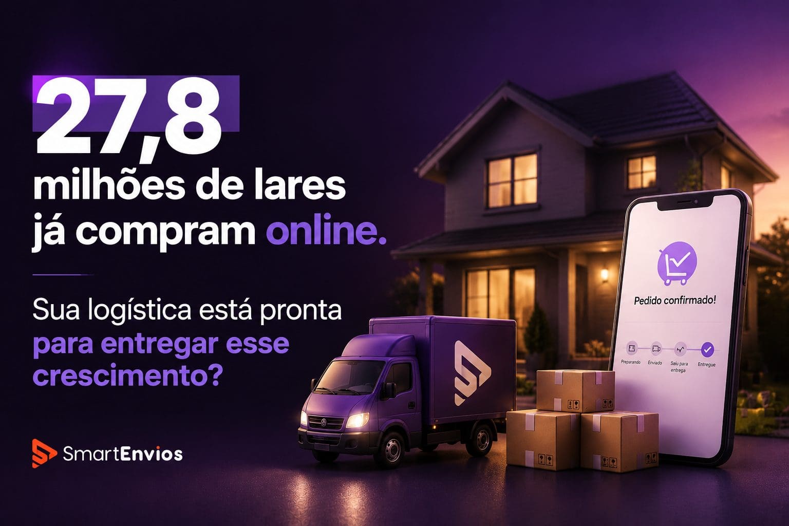 ngo-illustration-Artboard 5 Ilustração de uma operação logística para e-commerce com caminhão de entrega, caixas de pedidos e smartphone representando compras online.