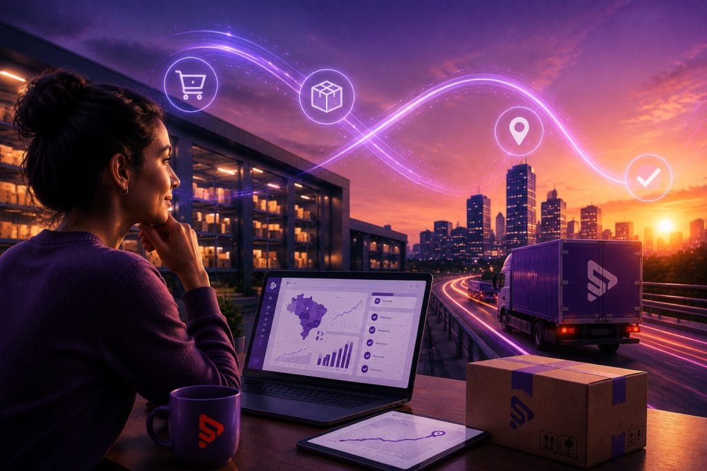 Profissional analisando dados de uma operação logística enquanto acompanha pedidos, entregas e distribuição de produtos em um cenário de crescimento do e-commerce.