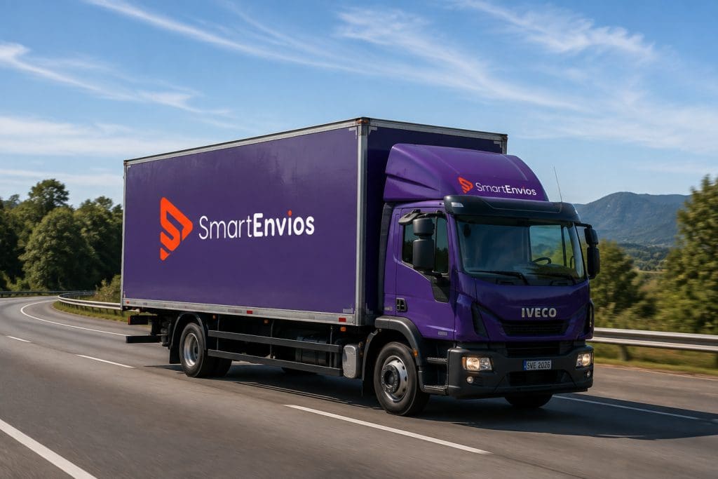 Caminhão SmartEnvios percorrendo uma estrada com cargas de e-commerce, representando uma operação logística eficiente e entrega de pedidos.