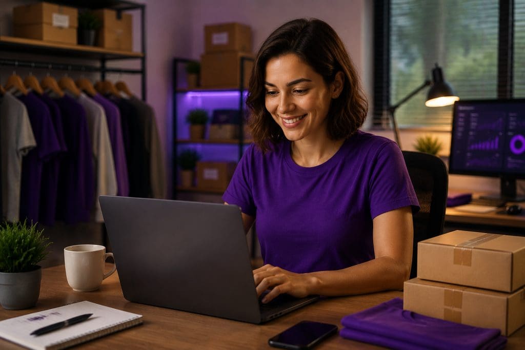 Dona de e-commerce satisfeita utilizando TMS para e-commerce para acompanhar a operação logística da empresa.