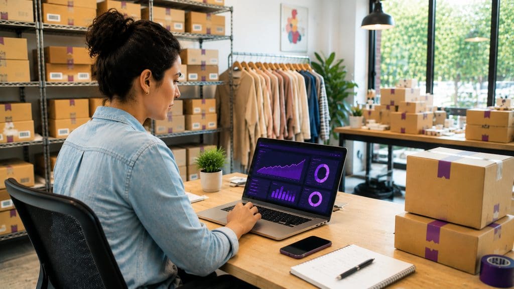 Empreendedora de e-commerce analisando indicadores de vendas em um notebook dentro de uma operação logística organizada com caixas de pedidos e estoque ao fundo.