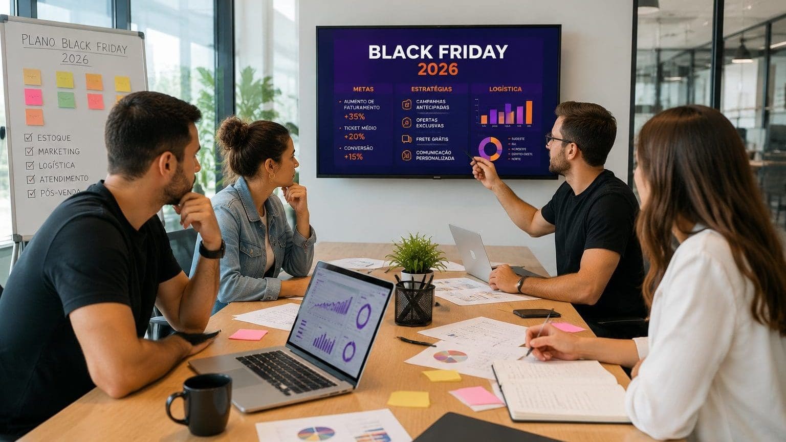 Equipe de gestores de e-commerce em reunião de planejamento da Black Friday 2026 analisando estratégias de vendas, marketing e logística em uma sala de reunião moderna.