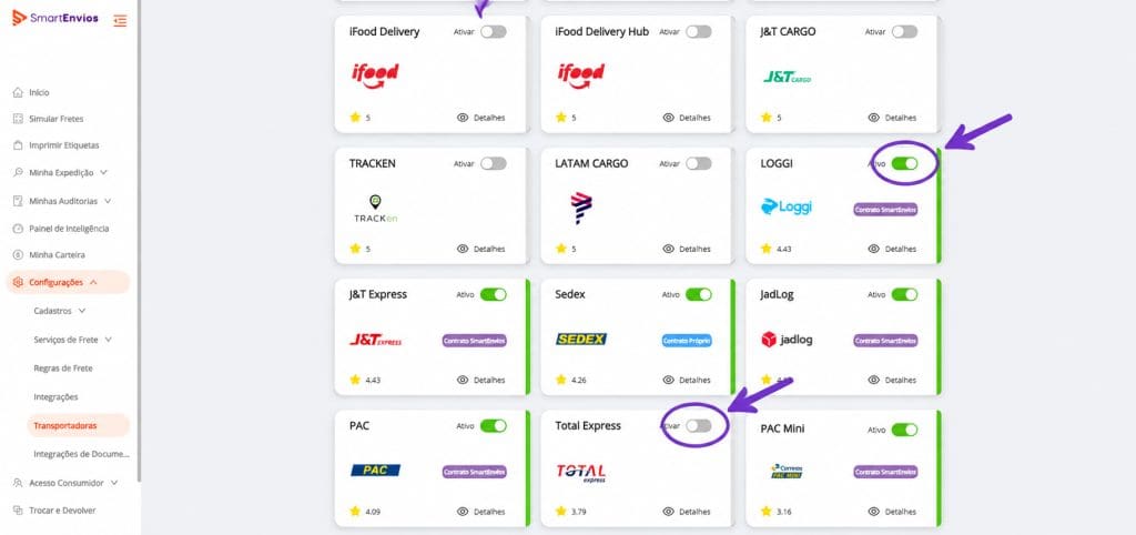 Tela da SmartEnvios exibindo transportadoras com status ativo e desativado, destacando os botões de ativação e desativação.
