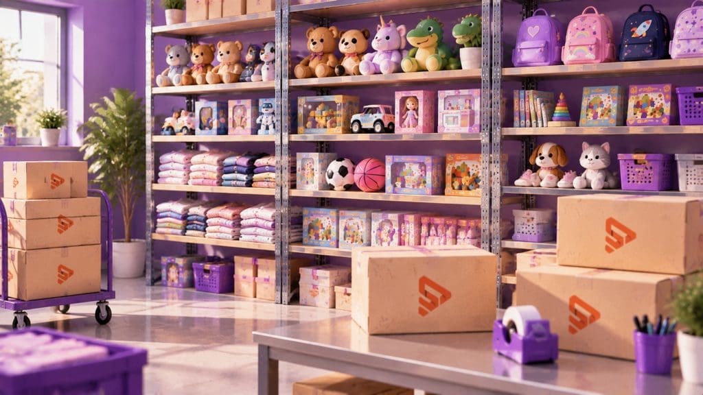 Estoque organizado de e-commerce com brinquedos, roupas infantis, presentes e caixas de envio preparados para o Dia das Crianças