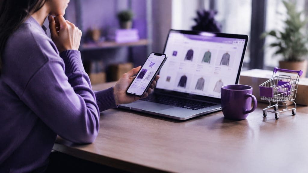 Consumidora realizando compra online pelo celular e notebook em ambiente de e-commerce.