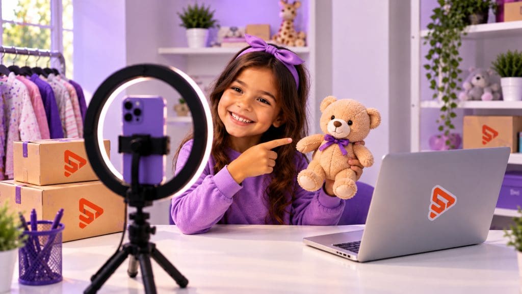 Criança criando conteúdo para uma loja virtual com celular, ring light, produtos infantis e caixas de envio em um cenário de e-commerce