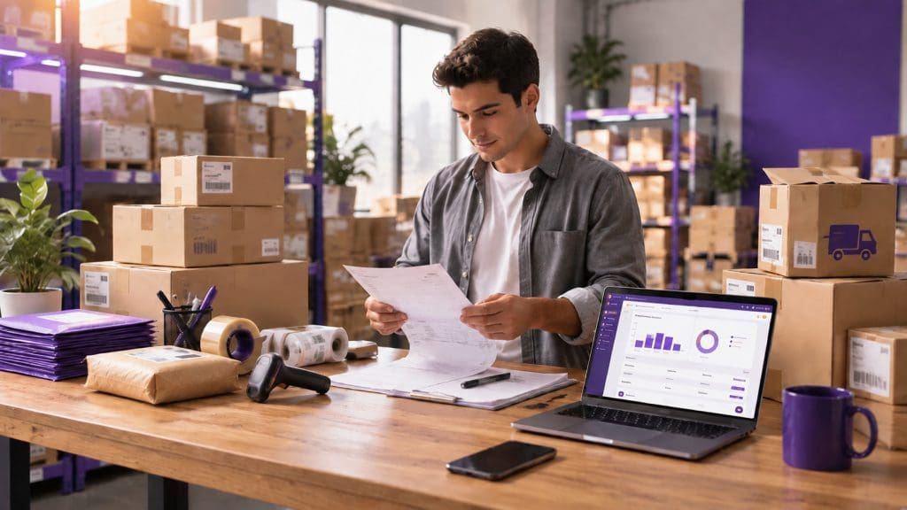 Operação de dropshipping com empreendedor conferindo pedidos, embalagens e processos logísticos em um centro de distribuição.