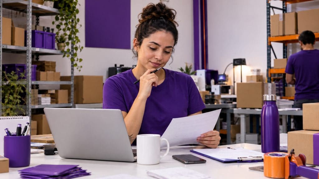 Pessoa planejando uma estratégia de frete em uma operação logística de e-commerce, com caixas e área de expedição ao fundo.