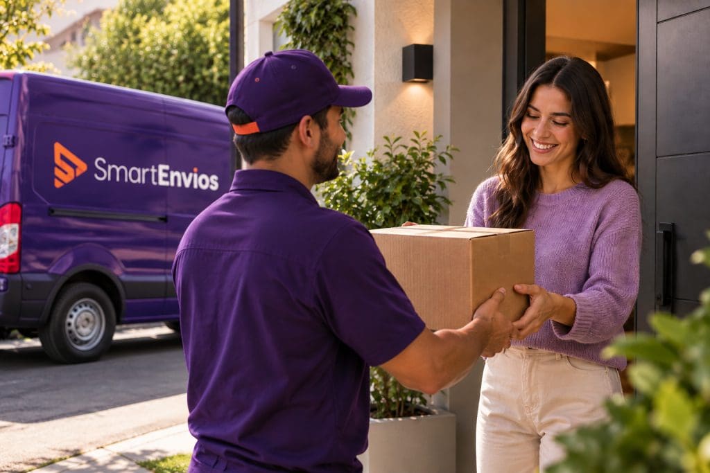 Cliente recebendo uma encomenda de e-commerce entregue por uma transportadora em uma van roxa, representando uma experiência de entrega positiva.