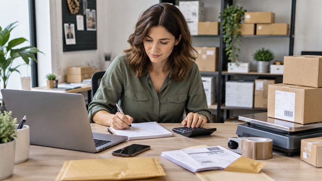Pessoa responsável por um e-commerce calculando custos de frete em um escritório com notebook, calculadora e embalagens.