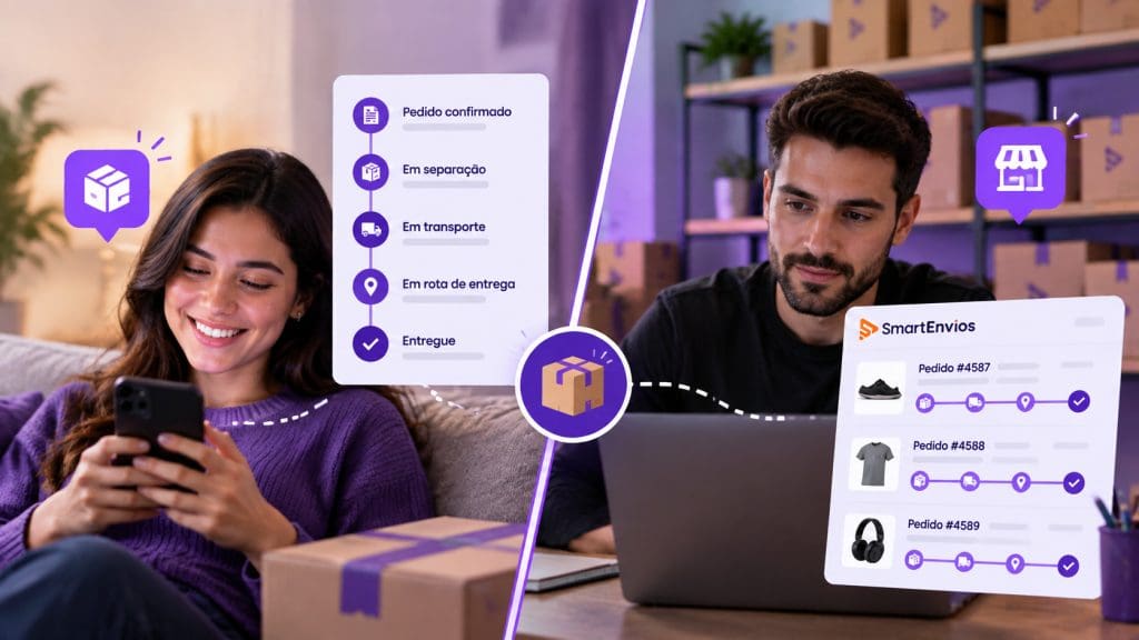 Status de entrega: rastreamento de pedidos acompanhado pelo consumidor e pelo e-commerce, com informações da entrega em tempo real.